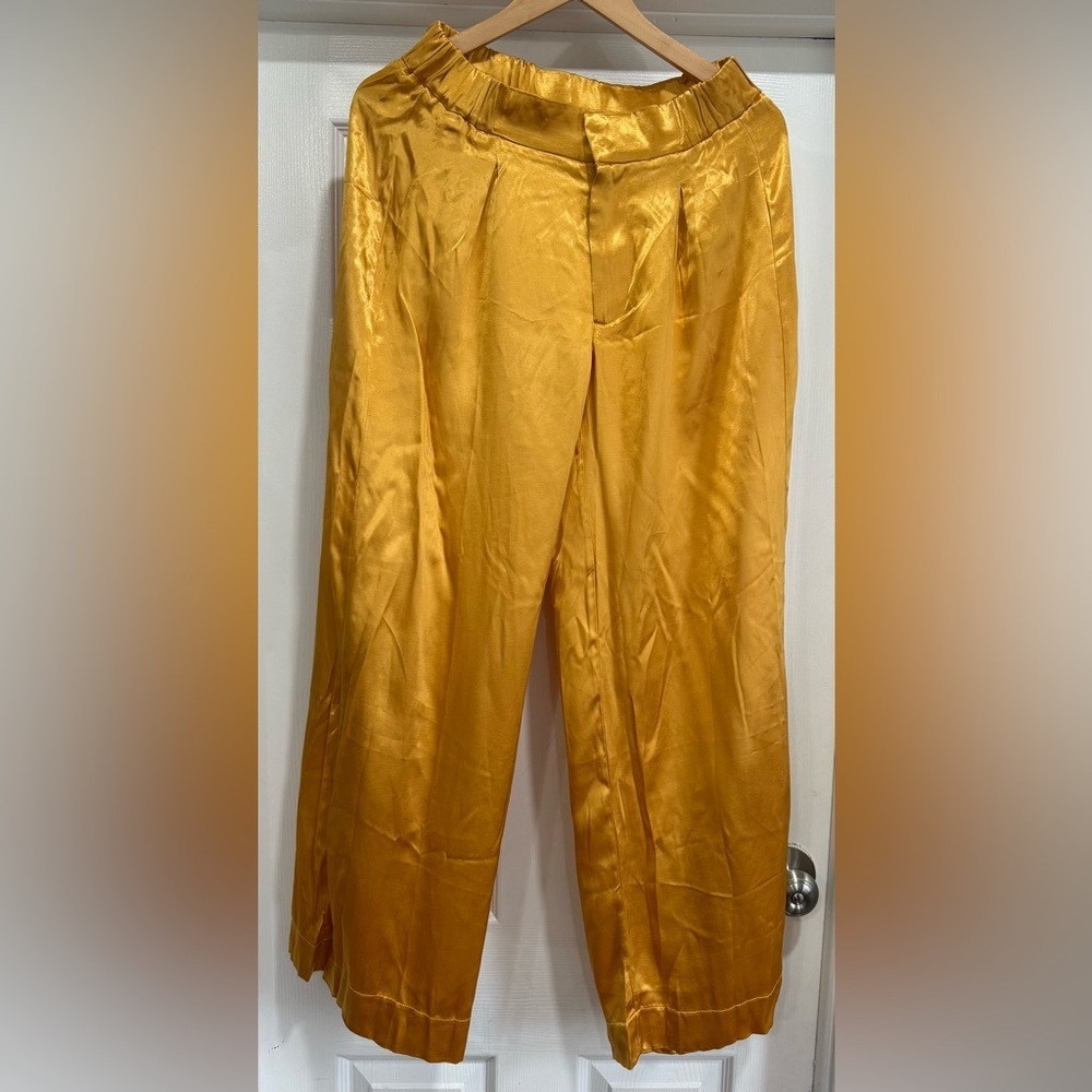 Free People Satin Wide-Leg Pants in Mustard Gold